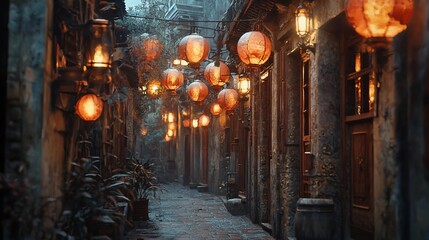 Serene alleyway illuminated by glowing lanterns, showcasing historic architecture and greenery