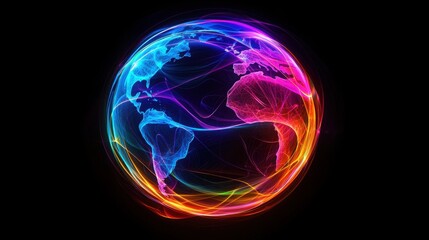 Vibrant, glowing world map on a black background, showcasing global connection and colorful energy in an abstract design.