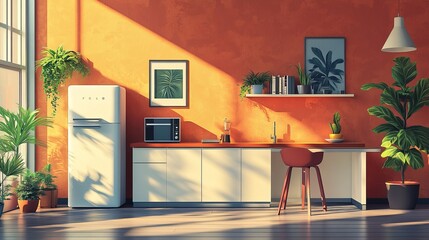 Sunlit minimalist kitchen with orange wall, plants, and modern appliances.