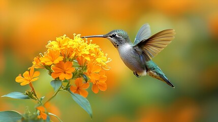 Fototapeta premium Hummingbird feeding on orange flowers, garden, blurred background, nature photography