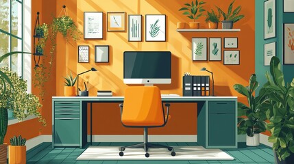 Sunlit home office with teal desk, orange chair, and abundant plants.