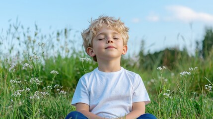 Boy meditates in wildflowers, peaceful nature background, healthy lifestyle, wellbeing