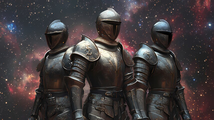 Fototapeta premium Medieval knight suit of armor protection. knight. illustration. Nebula-Infused Armor. Illustration
