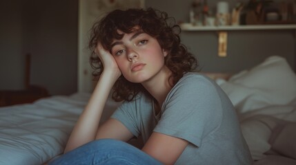 young woman with curly hair sitting on a bed. She is wearing a grey t-shirt and appears to be deep in thought.  