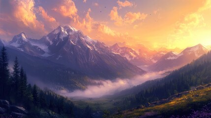 Obraz premium Majestic Sunset over Snowy Mountain Valley