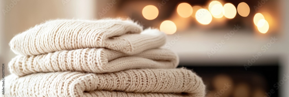 Poster Cozy knitted sweaters stacked neatly near a glowing fireplace with soft bokeh lights in the background creating a warm atmosphere. Generative AI