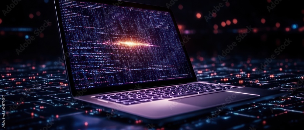 Poster digital rain: a laptop displaying cascading code in a futuristic setting