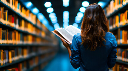 young woman reading book in library filled with bookshelves. warm lighting creates cozy atmosphere, enhancing joy of reading