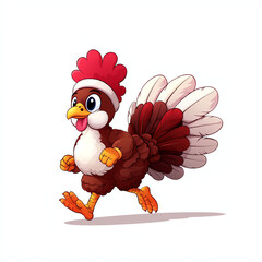 cartoon turkey dressed as athlete is running energetically. turkey has vibrant red comb and playful expression, showcasing fun and lively character