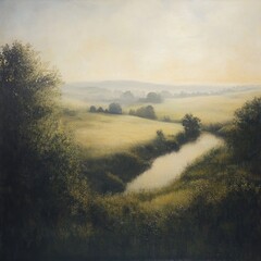 Fototapeta premium Serene River Landscape at Dawn: A Pastoral Scene
