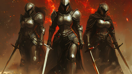 Fototapeta premium Three female knights in full plate armor with swords. Nebula-Infused Armor. Illustration