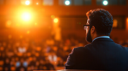 Indian man in suit speaking to audience at university lecture, warm lighting creates engaging atmosphere