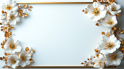 Elegant floral frame with white flowers and golden leaves on blank background, perfect for invitations or announcements