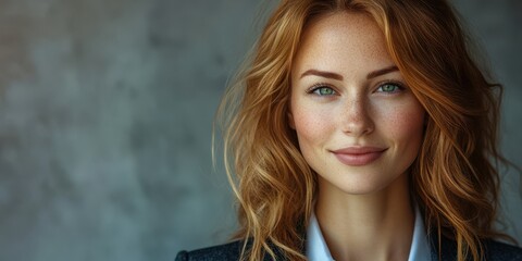 Portrait of a confident woman with red hair smiling against a neutral background in a professional setting