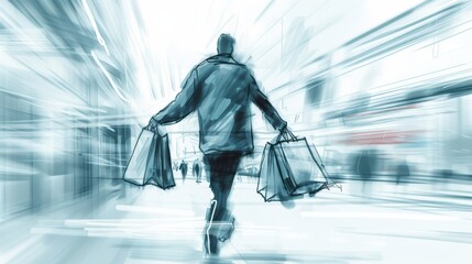 Sketch featuring a man holding shopping bags, surrounded by an abstract blue-toned blur suggesting speed and activity in a bustling urban environment. AI generated.