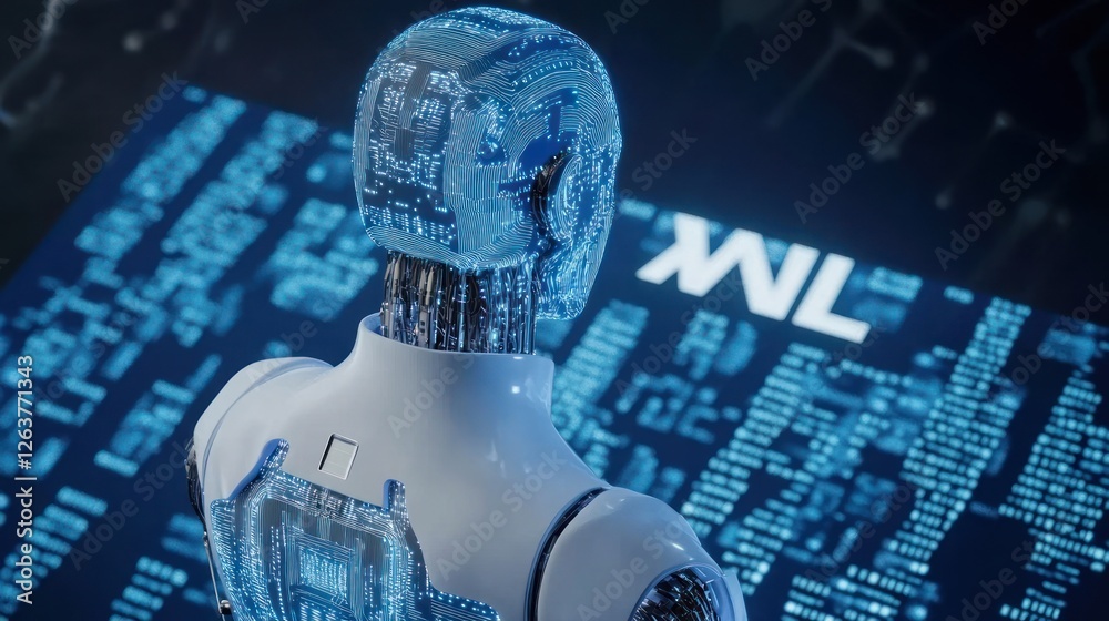 Poster futuristic robot analyzing data streams: a glimpse into ai's potential