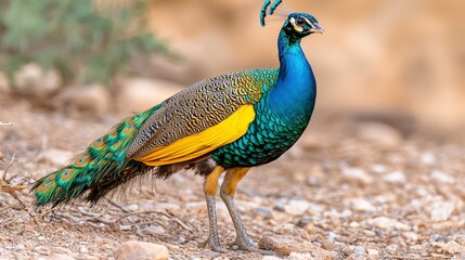 Obraz premium Stunning Peacock Displaying Vibrant Feathers in Natural Desert Habitat Under Warm Sunlight