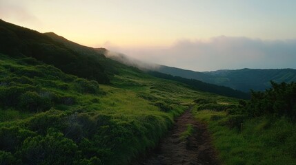 Obraz premium Serene Sunrise Hike: Azores Mountain Trail