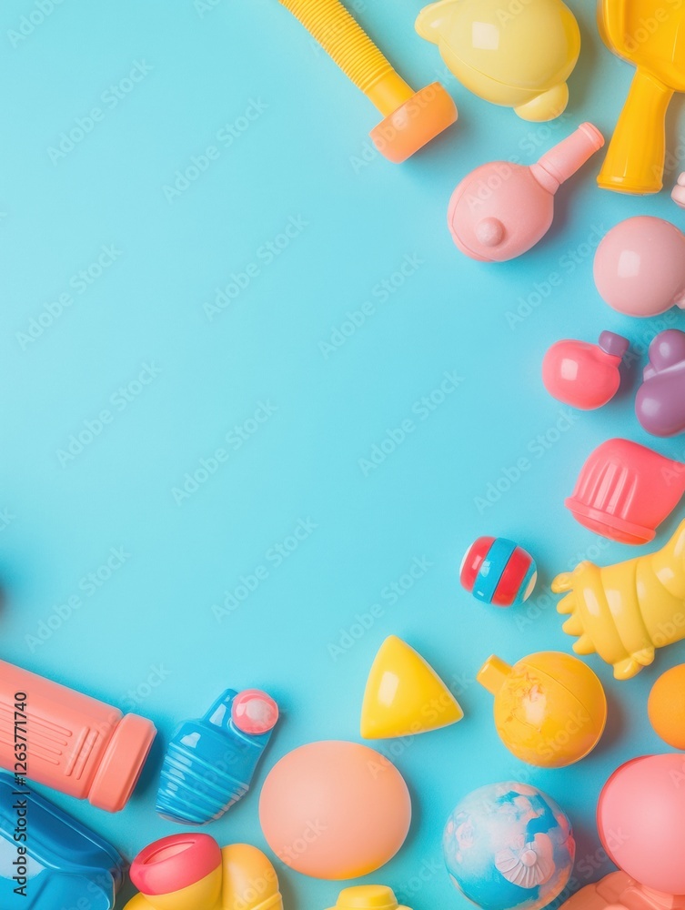 Poster colorful plastic toys arranged on a bright blue surface in a playful and creative layout with a vari
