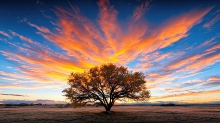 Obraz premium Single tree at sunset over a field. Landscape, serenity, nature, tranquility, showcasing beauty