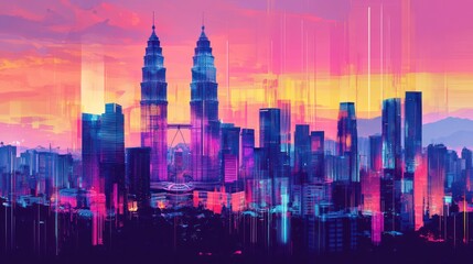 Vibrant Kuala Lumpur Skyline at Sunset: A Digital Art Masterpiece