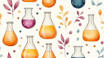 Colorful Scientific Lab Equipment with Beakers, Erlenmeyer Flasks, and Decorative Floral Elements