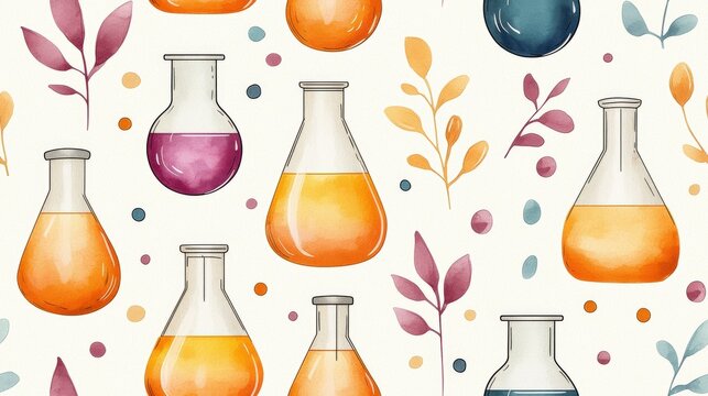 Colorful Scientific Lab Equipment with Beakers, Erlenmeyer Flasks, and Decorative Floral Elements