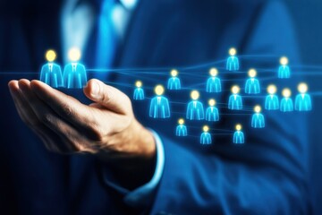 Businessman Hand Holding Digital Representation of Team Members with Blue and Yellow Silhouettes on a Futuristic Background