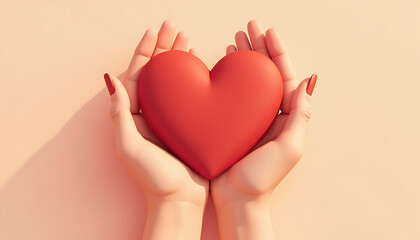 Hands holding a red heart against a soft beige background