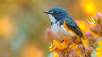 Fototapeta premium Bird perched on orange flowers, blurred autumn background, nature photography, website banner