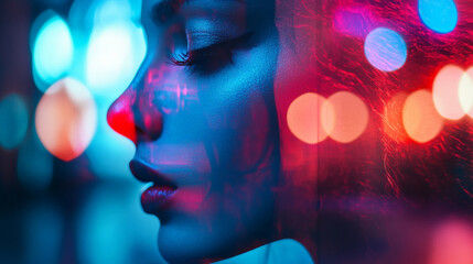 Dreamy double exposure of woman face with colorful bokeh lights
