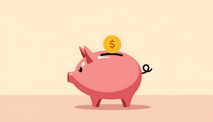 Piggy bank with a coin on top against a beige background