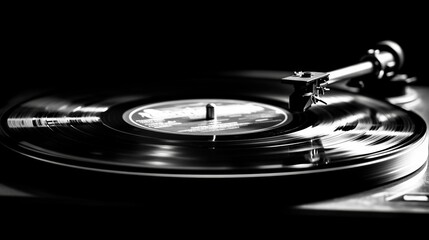 Classic vinyl record spinning on a turntable in a dimly lit room creating a nostalgic atmosphere