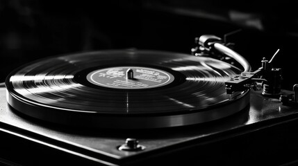 Vintage vinyl record spinning on a turntable in a music studio setting during the evening
