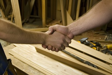 Two workers shaking hands in a woodworking shop promoting collaboration and teamwork during the day