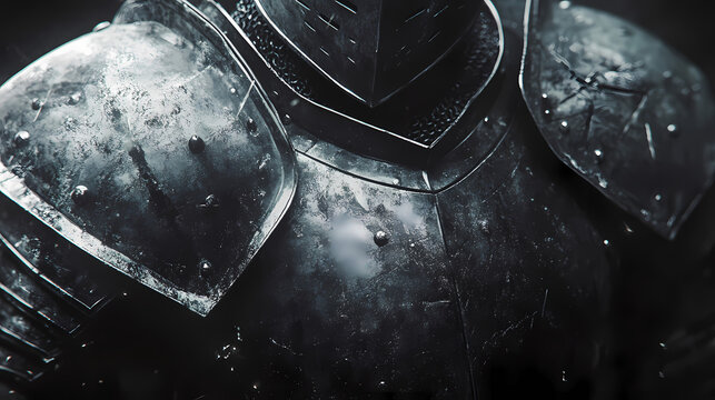 Detailed close-up of medieval armor and weaponry, placed against a dark and moody backdrop. Nebula-Infused Armor. Illustration