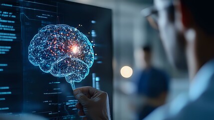 Digital brain hologram on medical display with doctor analyzing neural activity data in modern hospital laboratory for neuroscience research and diagnosis.