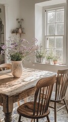 Fototapeta premium This inviting dining area features a sturdy farmhouse table with mismatched wooden chairs. A beautiful bouquet of wildflowers brings life and color to the sunlit space.
