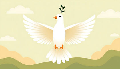 Obraz premium Dove flying with olive branch against soft green landscape