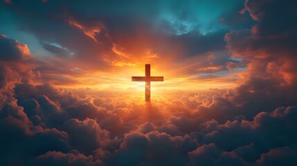 Fototapeta premium Glowing cross silhouette against dramatic sunset sky with orange sunbeams breaking through dark storm clouds, spiritual and religious background concept.