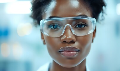 Young African American female scientist or medical professional wearing protective safety goggles in laboratory setting with confident expression and natural hair style.