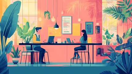 Two coworkers collaborate at a modern, plant-filled office.