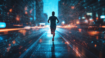 Obraz premium Runner in motion on city street, surrounded by digital effects and lights, creating intense atmosphere of speed and energy
