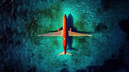 Aerial View of Red Airplane over Turquoise Ocean