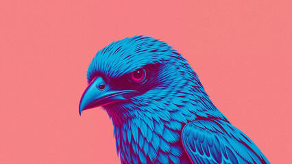 Fototapeta premium Vibrant Digital Illustration of a Blue Falcon Against a Bold Pink Background, Modern Pop Art Style