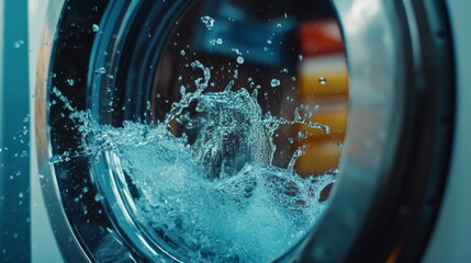 Water splashing inside washing machine during a laundry cycle in a bright room