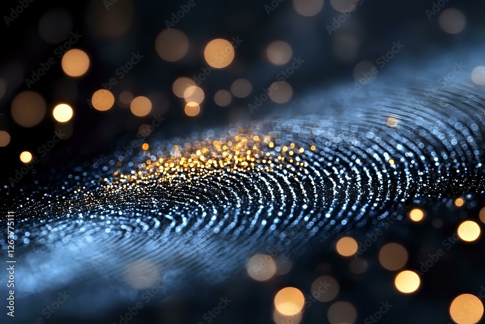 Poster macro photography of glowing fingerprint pattern with golden bokeh lights on dark background, creati