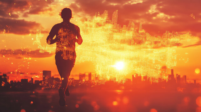 Silhouette of runner against vibrant sunset backdrop, evoking energy and determination