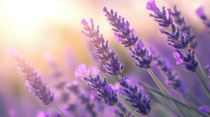 Fototapeta premium Blooming lavender flowers in soft sunlight with dreamy bokeh background, purple aromatic plants swaying in summer breeze, natural floral macro photography.