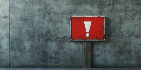 Vivid red metal sign featuring a central white exclamation point, affixed to a textured gray concrete wall. Text gracefully arcs along the left edge